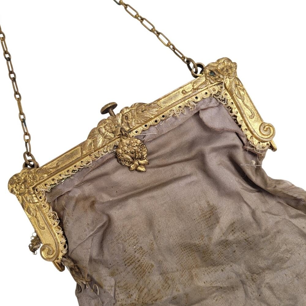 Antique‎ Gilded Purse Frame Victorian Coquette Regency Floral Metal Push Clasp